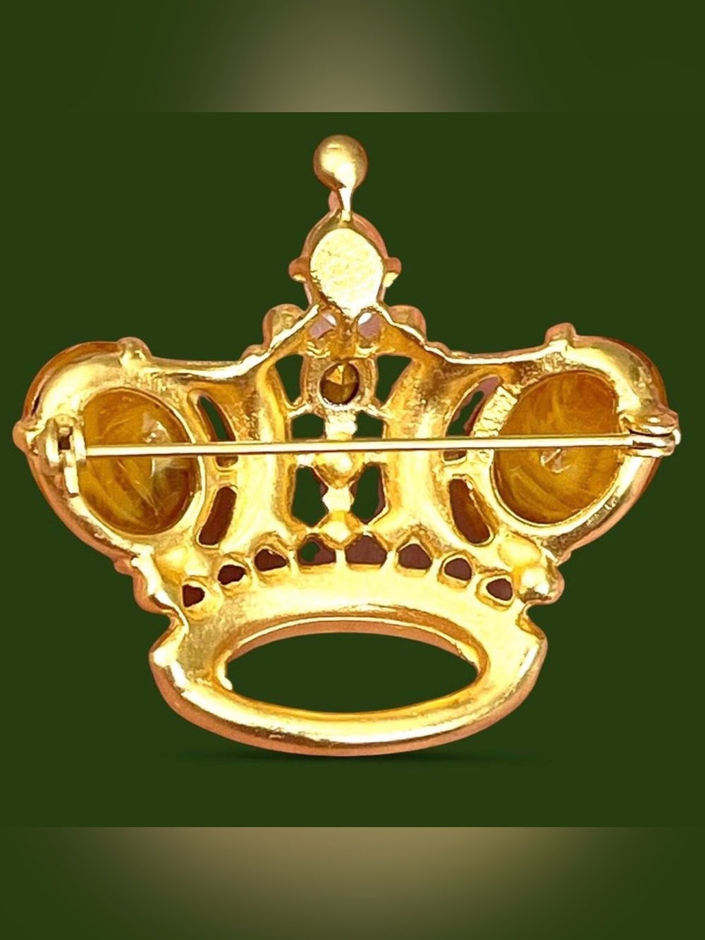 Vintage Coronation Crown Brooch Pin Amber Lucite Cabochons Rhinestone Faux Pearl - Picture 4 of 7